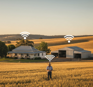 Diagram showing HaLow WiFi signal from a person penetrating trees and buildings to reach a farmhouse